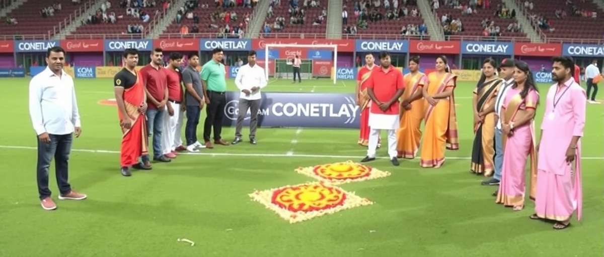 Kochi Kickers Onam special event showing in-game pookalam decorations and players in traditional Kerala attire